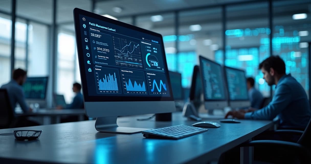 Computador com tela exibindo painel de controle de patch management e gráficos de segurança digital