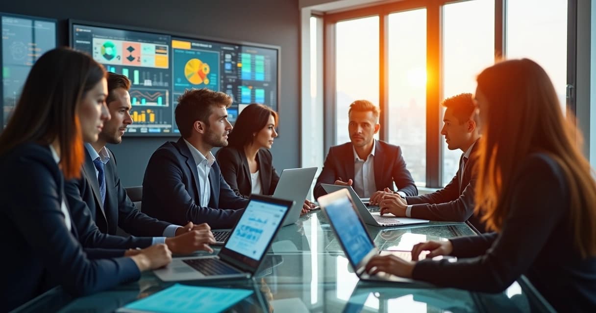 Executivos discutindo sobre tecnologia em reunião com gráficos e laptops em ambiente moderno de escritório