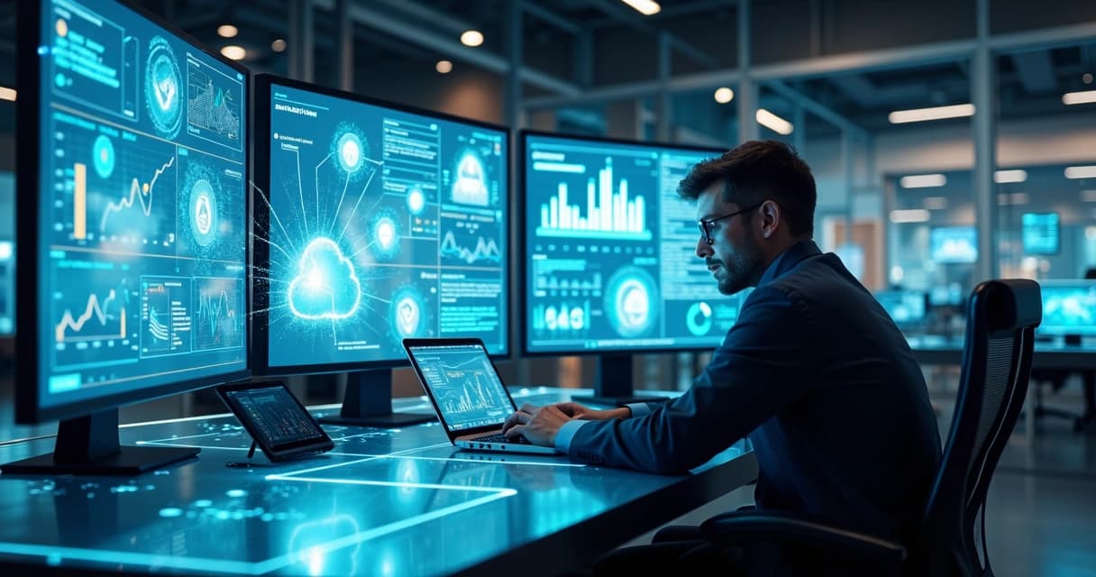 Profissional de TI analisando dados e gráficos digitais em múltiplas telas com interfaces de tecnologia modernas ao fundo