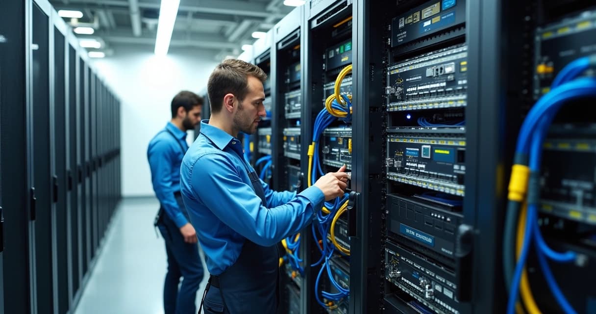 Técnicos instalando cabos de rede organizados em rack de servidores moderno