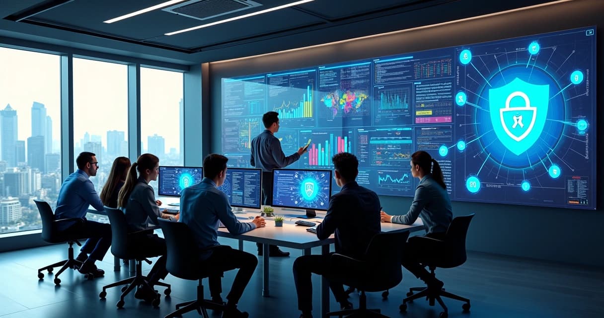 Equipe de especialistas em TI em escritório moderno com equipamentos tecnológicos avançados e telas mostrando gráficos e dados digitais