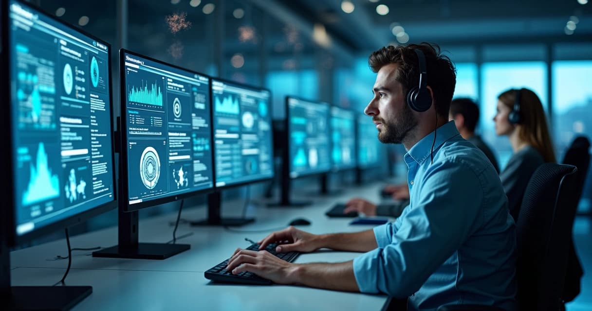 Equipe de suporte de TI trabalhando em computadores com telas mostrando gráficos e sistemas de monitoramento