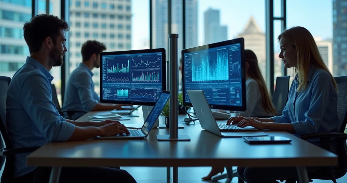 Escritório moderno com profissionais de tecnologia trabalhando em computadores e telas com gráficos digitais