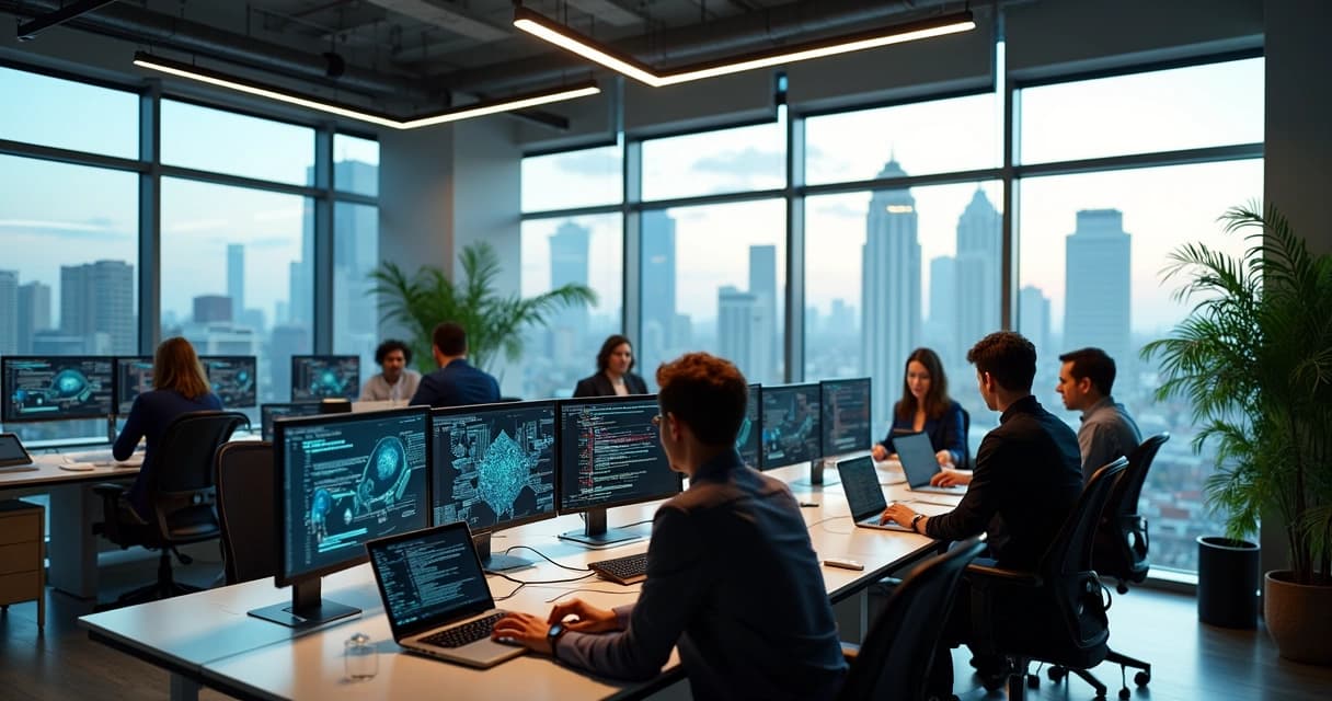 Equipe de profissionais de TI trabalhando em escritório moderno em São Paulo com computadores e equipamentos digitais