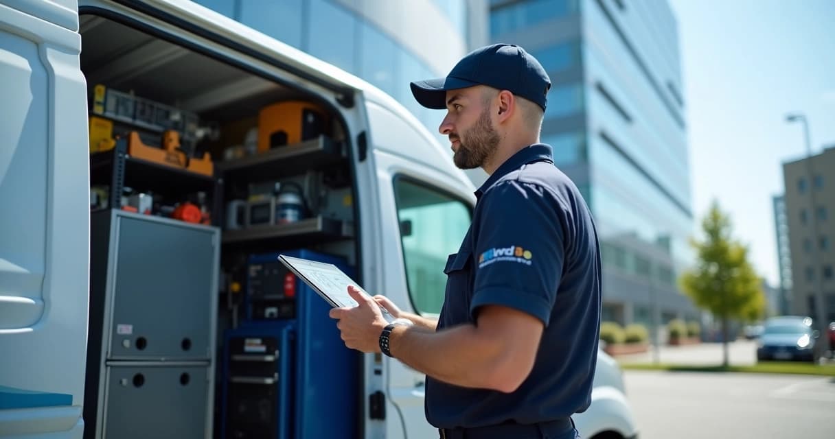 Técnico de field service em operação com tablet, equipamentos e van de serviço ao fundo