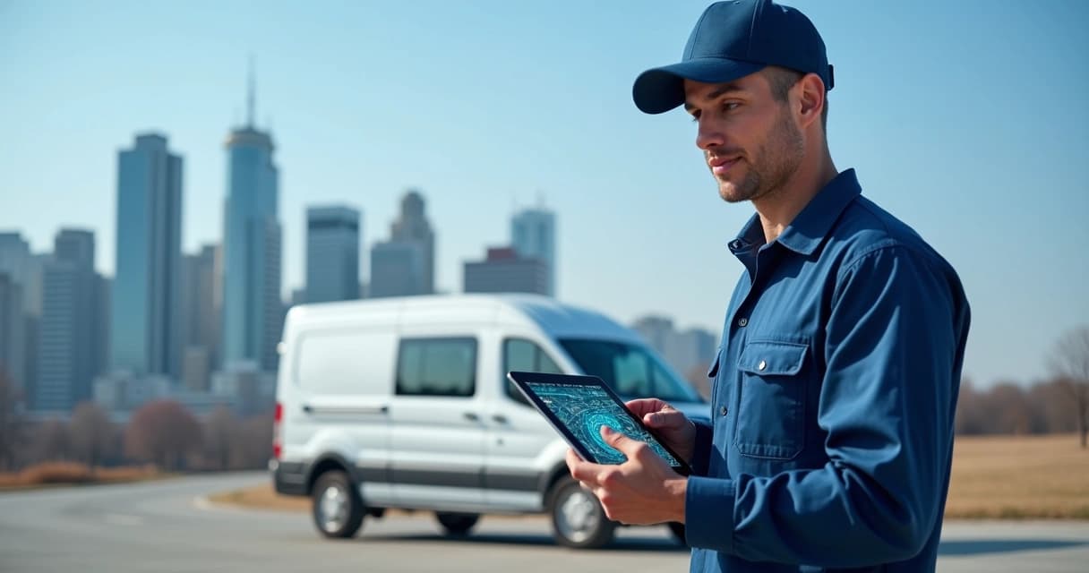 Técnico de TI usando tablet para gerenciar atendimento de suporte técnico em campo, com van e mapa digital ao fundo