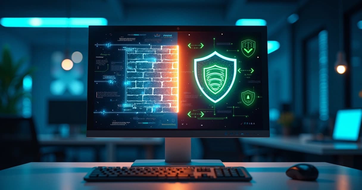 Computador com firewall e antivírus ativos em tela, mostrando proteção de segurança digital