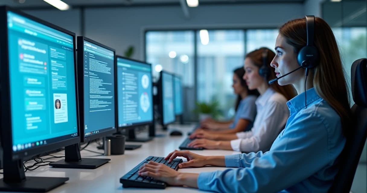 Profissionais de TI trabalhando em suporte técnico com computadores e telas mostrando sistemas de atendimento e gestão de tickets