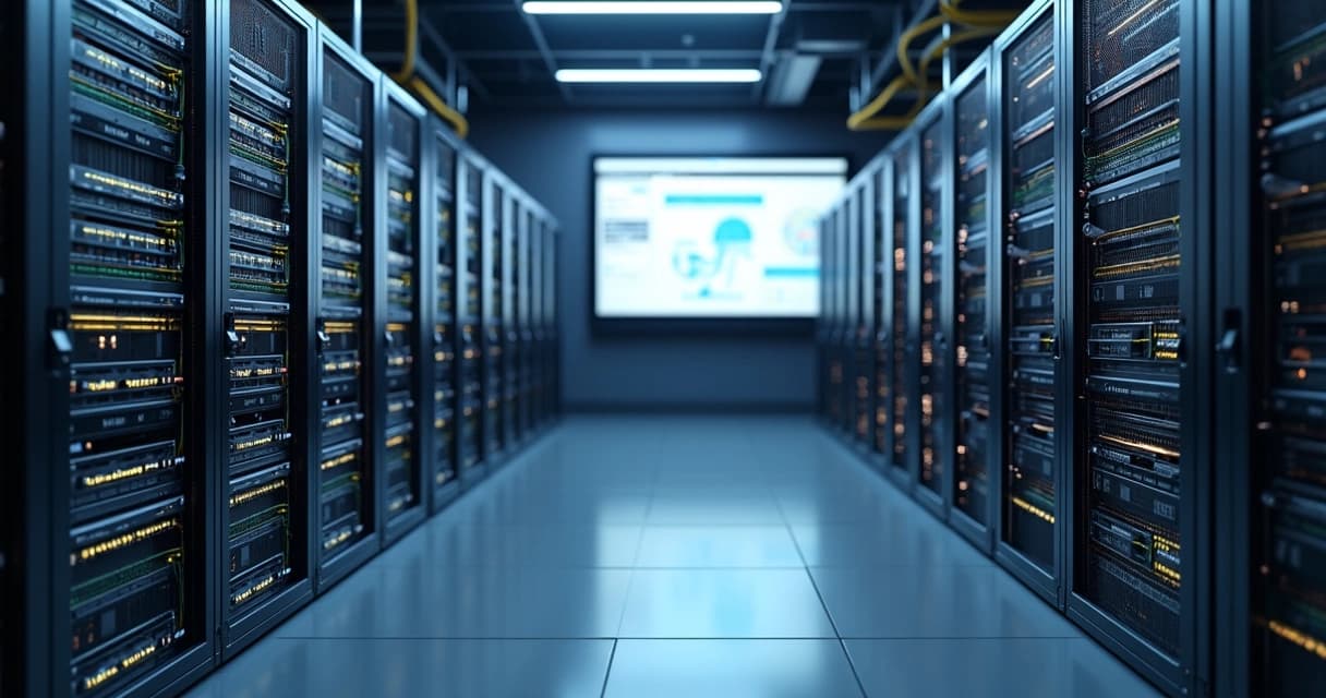 Sala de servidores moderna iluminada com equipamentos de rede interconectados como switches, roteadores e cabos organizados
