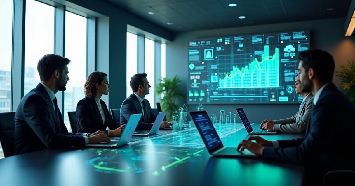 Profissionais reunidos discutindo soluções de tecnologia em ambiente corporativo moderno e iluminado