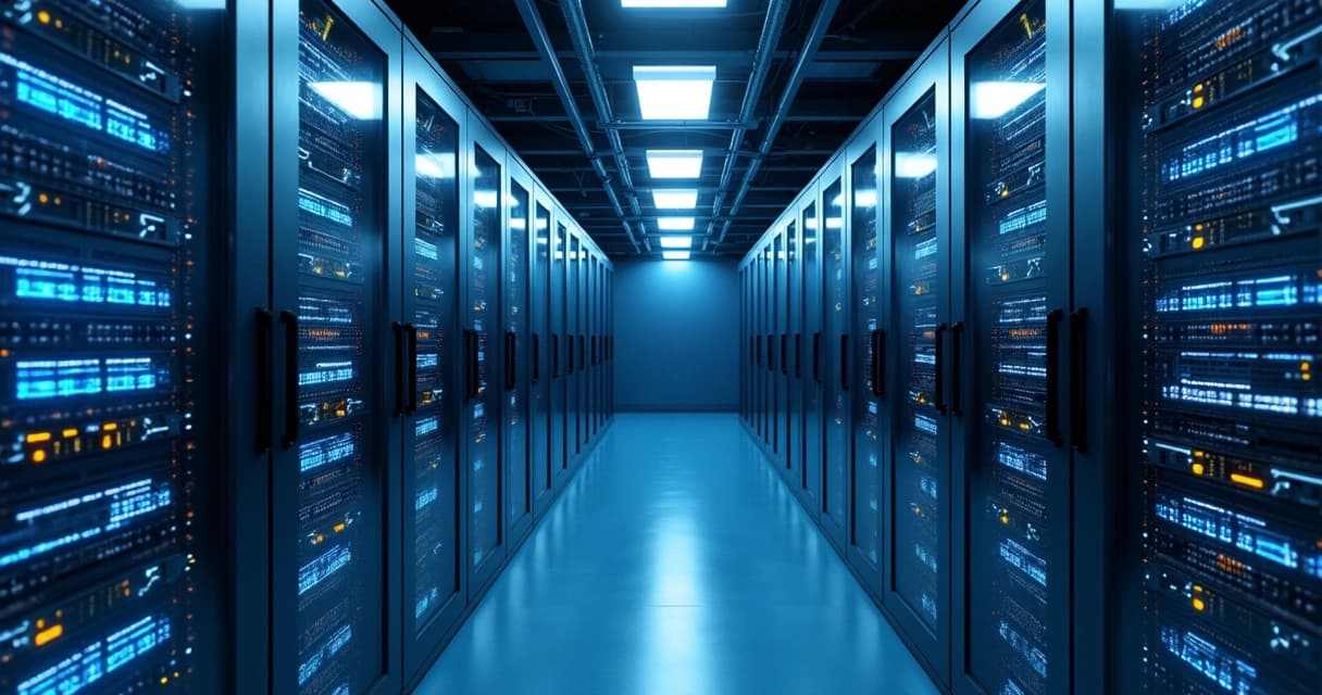 Sala de servidores dedicada com racks modernos e luzes azuis em ambiente climatizado e seguro