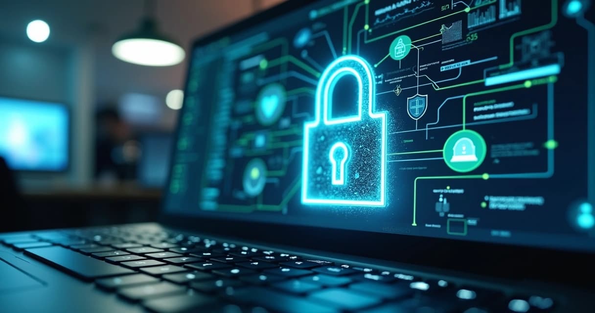 Representação de segurança da informação com cadeado digital sobre teclado de computador e gráficos de proteção cibernética ao fundo