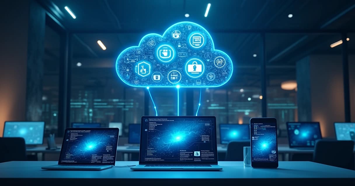 Computadores e dispositivos conectados a uma nuvem digital com ícones de tecnologia em fundo azul escuro