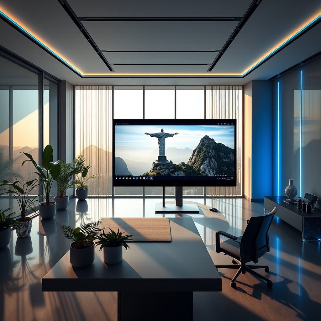 Arquiteta em um escritório moderno no Leblon, Rio de Janeiro, trabalhando em um projeto 3D realista em monitor ultra-wide, com suporte técnico de rede invisível e alta performance.